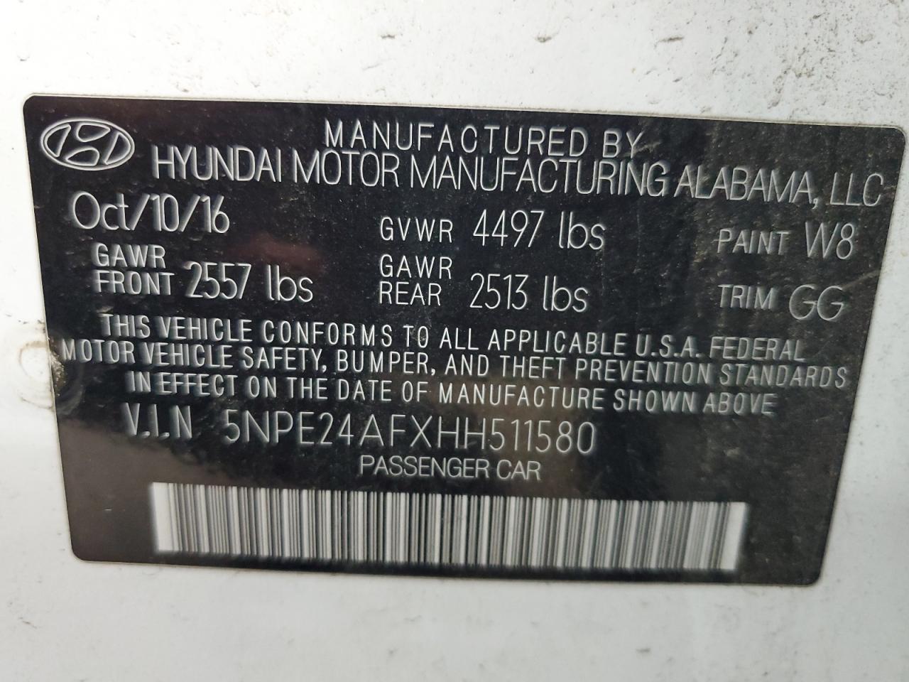 2017 Hyundai Sonata Se VIN: 5NPE24AFXHH511580 Lot: 81049055