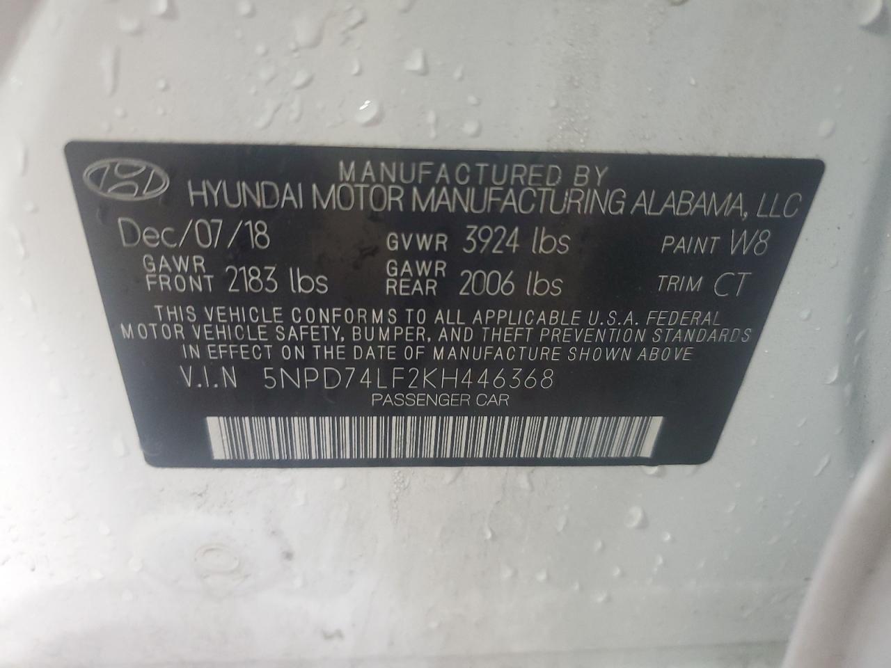 2019 Hyundai Elantra Se VIN: 5NPD74LF2KH446368 Lot: 84182715