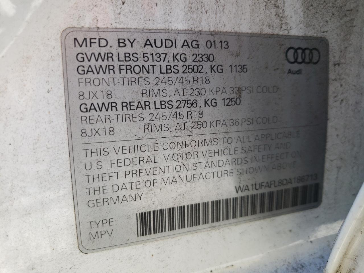 2013 Audi A4 Allroad Premium Plus VIN: WA1UFAFL8DA186713 Lot: 81119655