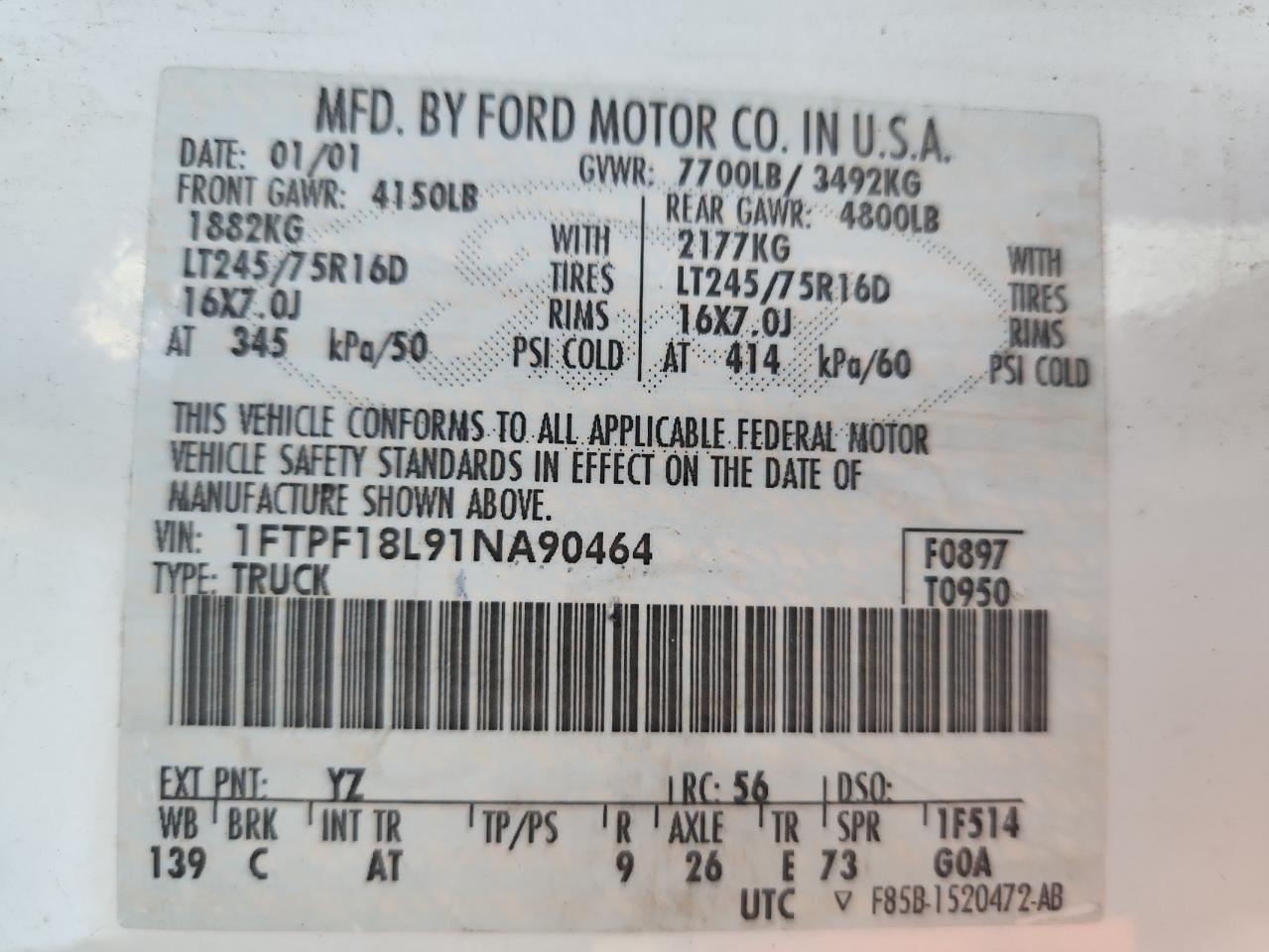 2001 Ford F150 VIN: 1FTPF18L91NA90464 Lot: 84585945