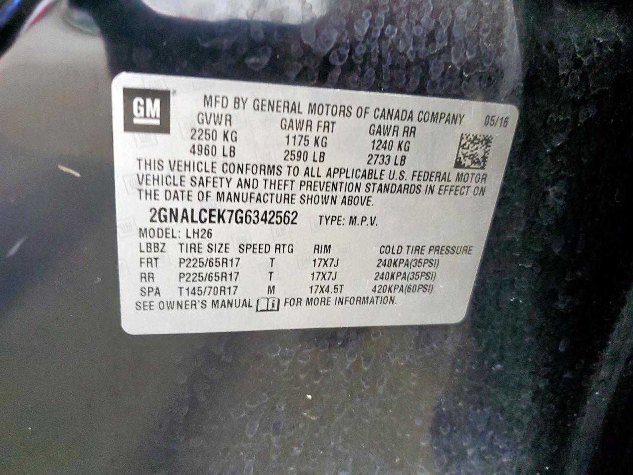 2016 Chevrolet Equinox Lt VIN: 2GNALCEK7G6342562 Lot: 82046545