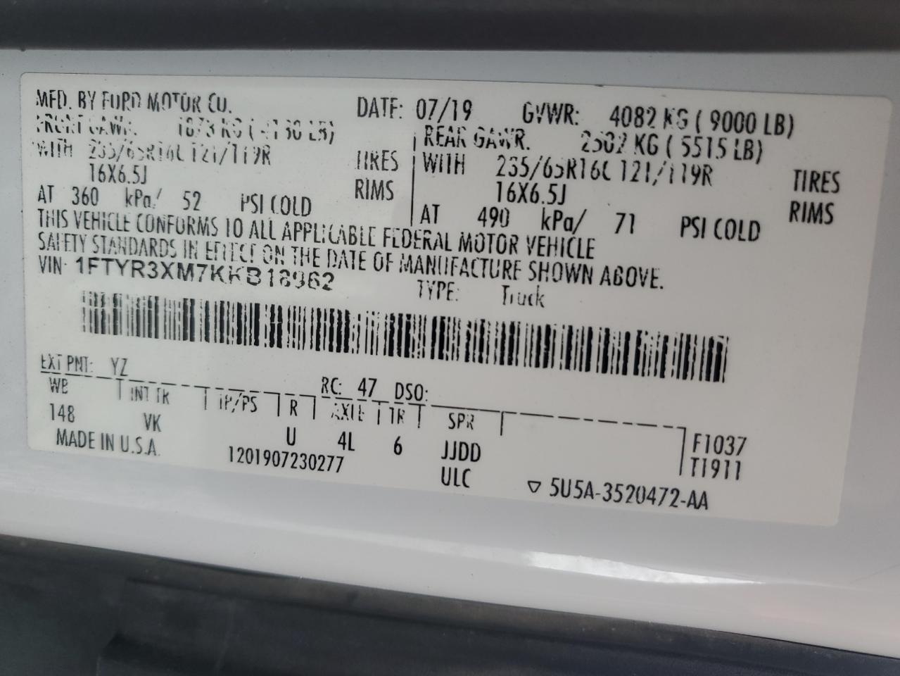 2019 Ford Transit T-250 VIN: 1FTYR3XM7KKB18962 Lot: 71100685