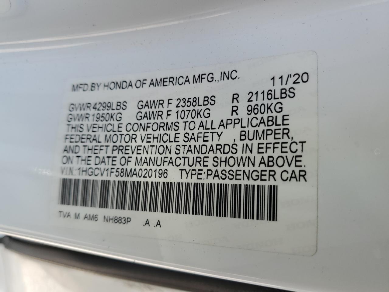 2021 Honda Accord Exl VIN: 1HGCV1F58MA020196 Lot: 80169115