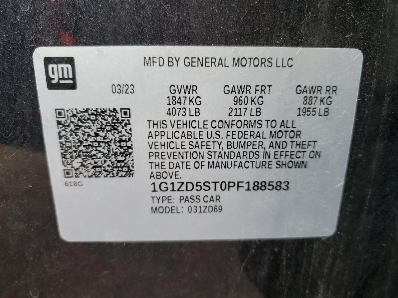 2023 Chevrolet Malibu Lt VIN: 1G1ZD5ST0PF188583 Lot: 71878045