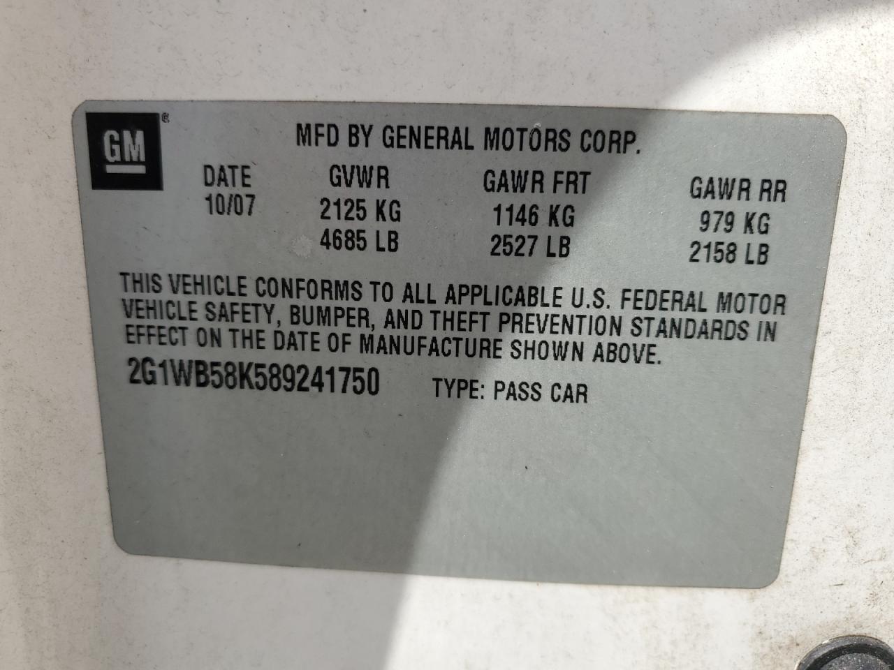 2008 Chevrolet Impala Ls VIN: 2G1WB58K589241750 Lot: 84475135