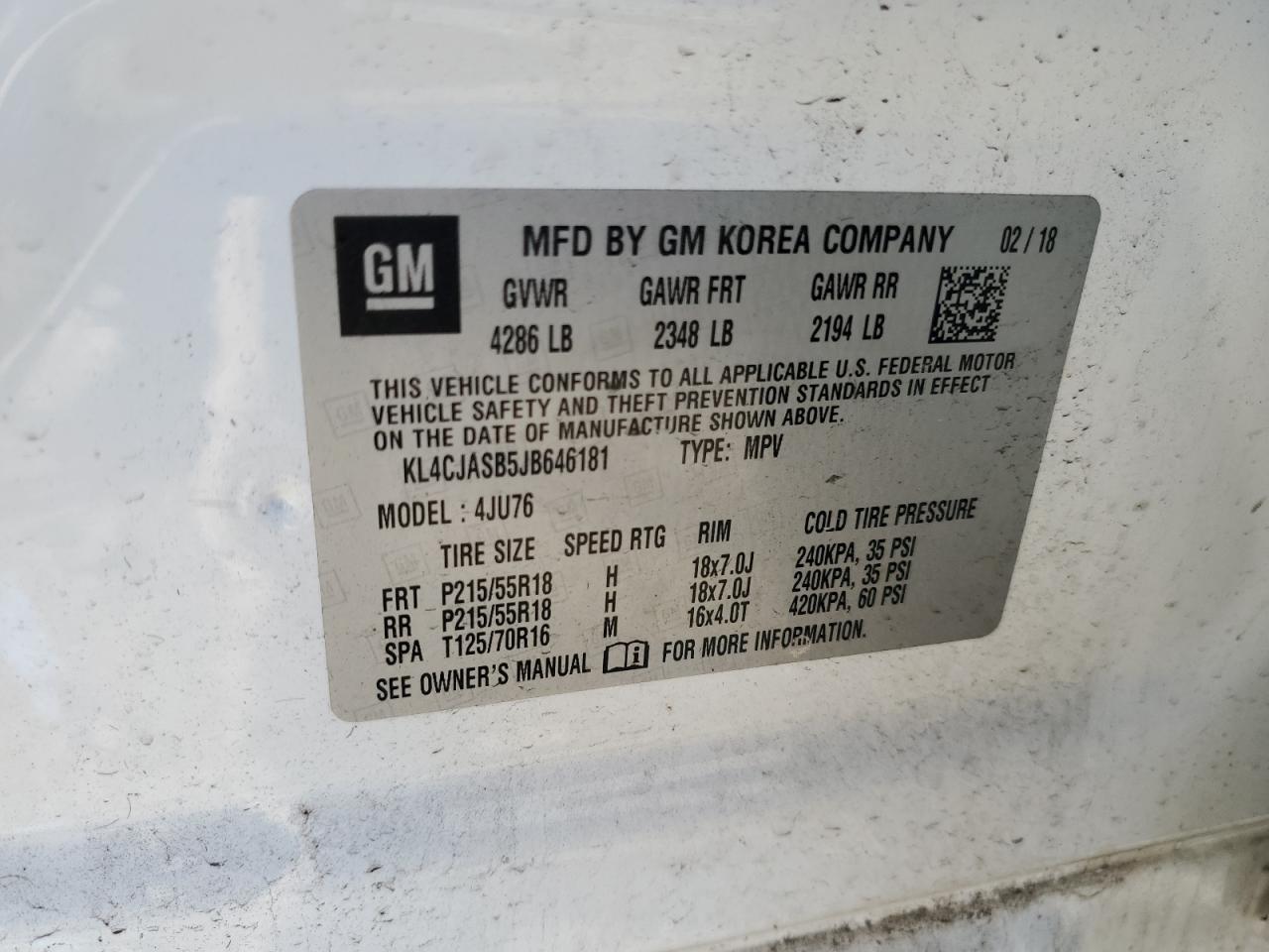 2018 Buick Encore Preferred VIN: KL4CJASB5JB646181 Lot: 81338595