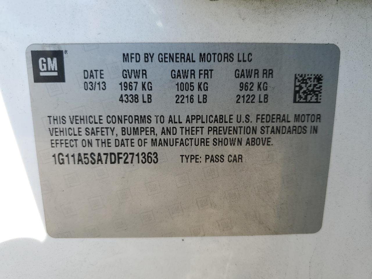 2013 Chevrolet Malibu Ls VIN: 1G11A5SA7DF271363 Lot: 84609405