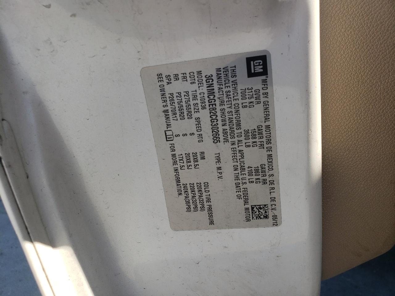 2012 Chevrolet Avalanche Ltz VIN: 3GNMCGE02CG302665 Lot: 81133975