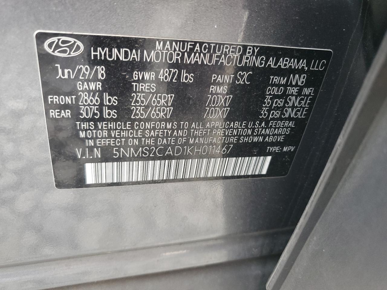 2019 Hyundai Santa Fe Se VIN: 5NMS2CAD1KH011467 Lot: 84384345