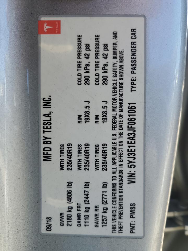 2018 Tesla Model 3 VIN: 5YJ3E1EA3JF061061 Lot: 81924505