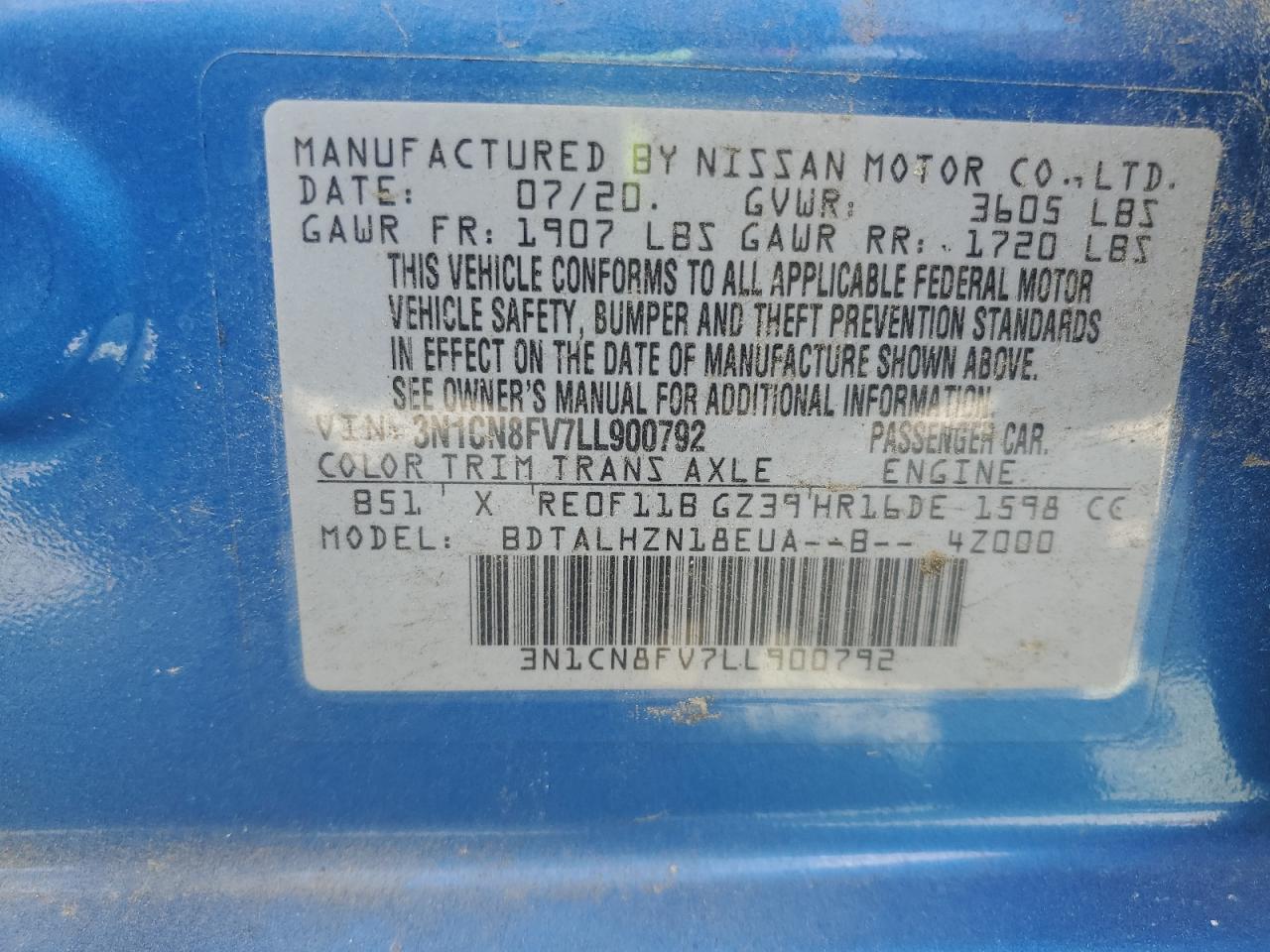 2020 Nissan Versa Sr VIN: 3N1CN8FV7LL900792 Lot: 81808465