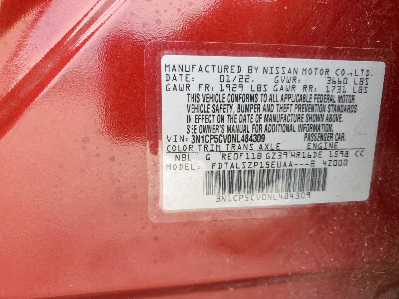 2022 Nissan Kicks Sv VIN: 3N1CP5CV0NL484309 Lot: 84542945