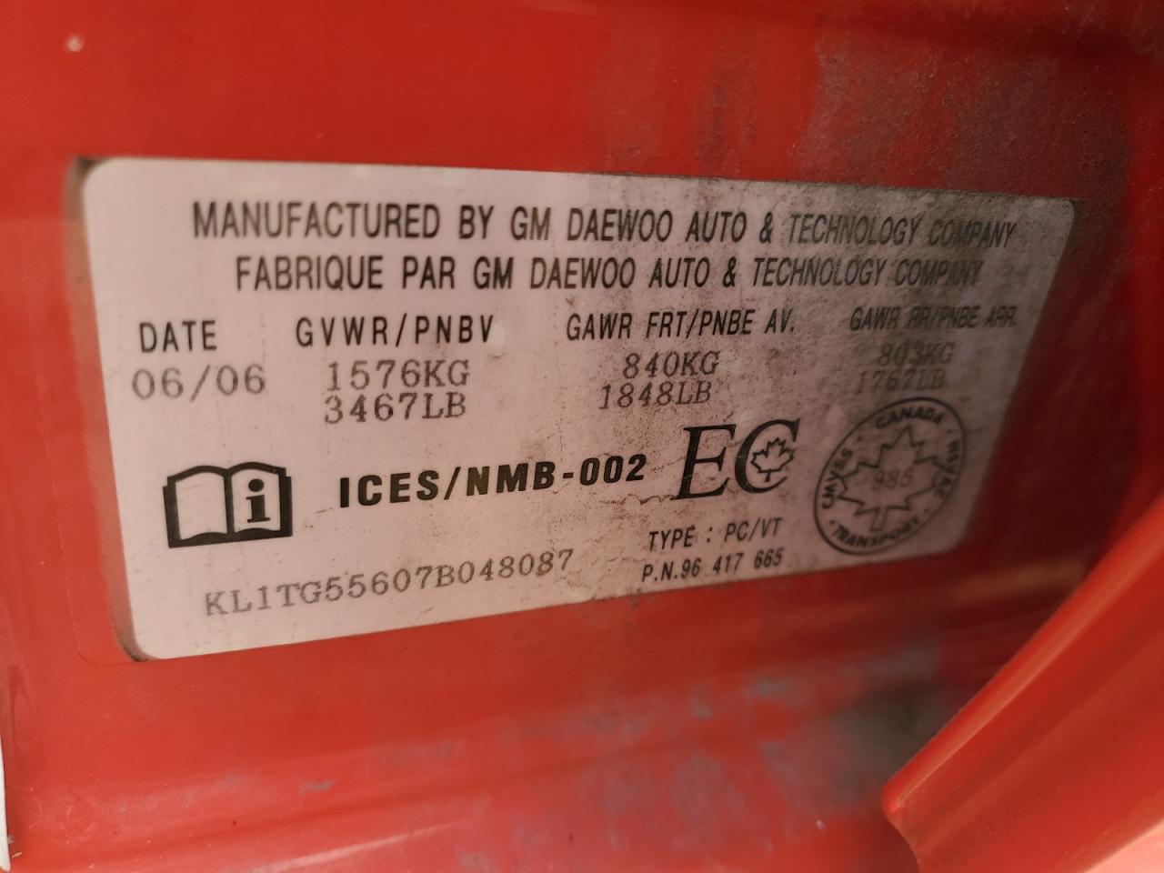 2007 Chevrolet Aveo Lt VIN: KL1TG55607B048087 Lot: 80698505