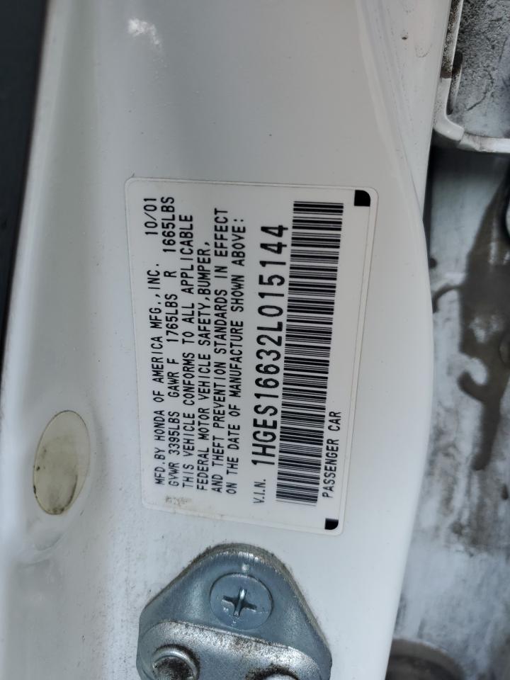 2002 Honda Civic Lx VIN: 1HGES16632L015144 Lot: 80187495