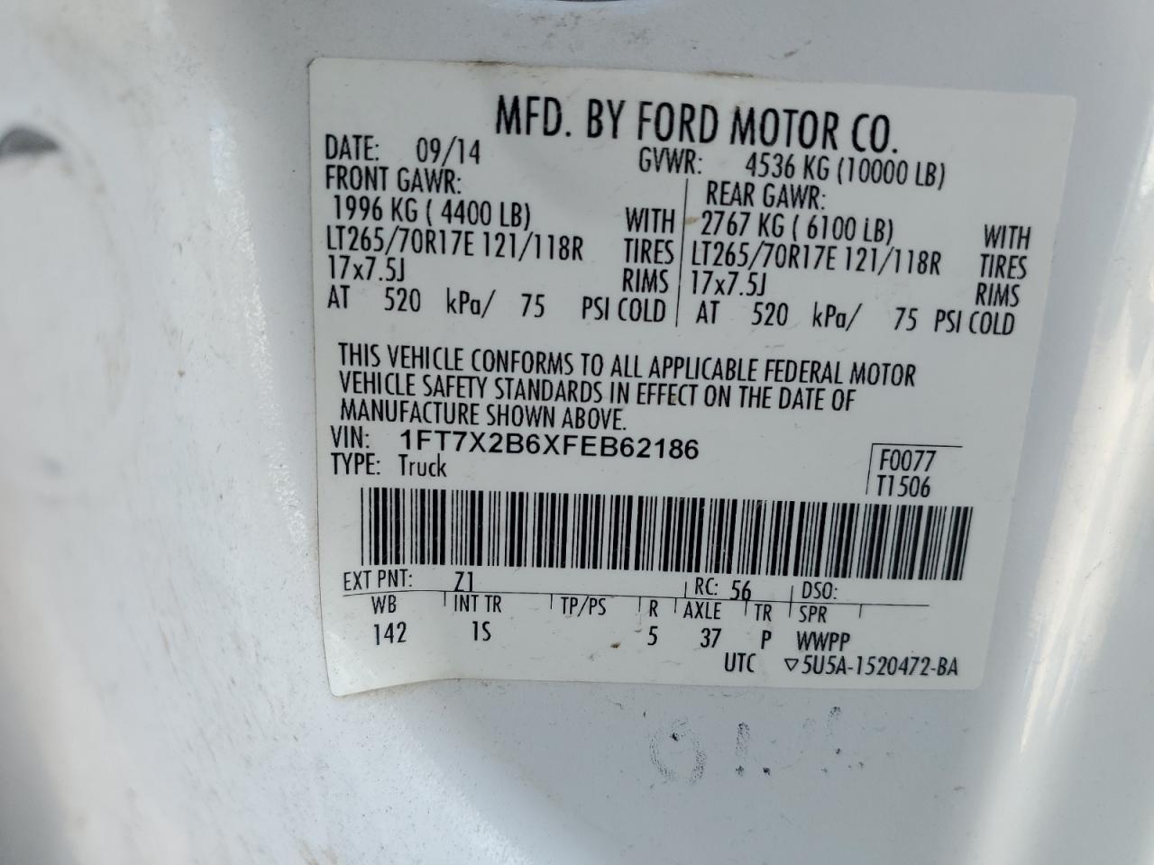 2015 Ford F250 Super Duty VIN: 1FT7X2B6XFEB62186 Lot: 84181885