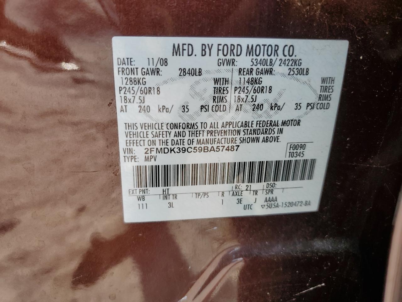 2009 Ford Edge Limited VIN: 2FMDK39C59BA57487 Lot: 80073825