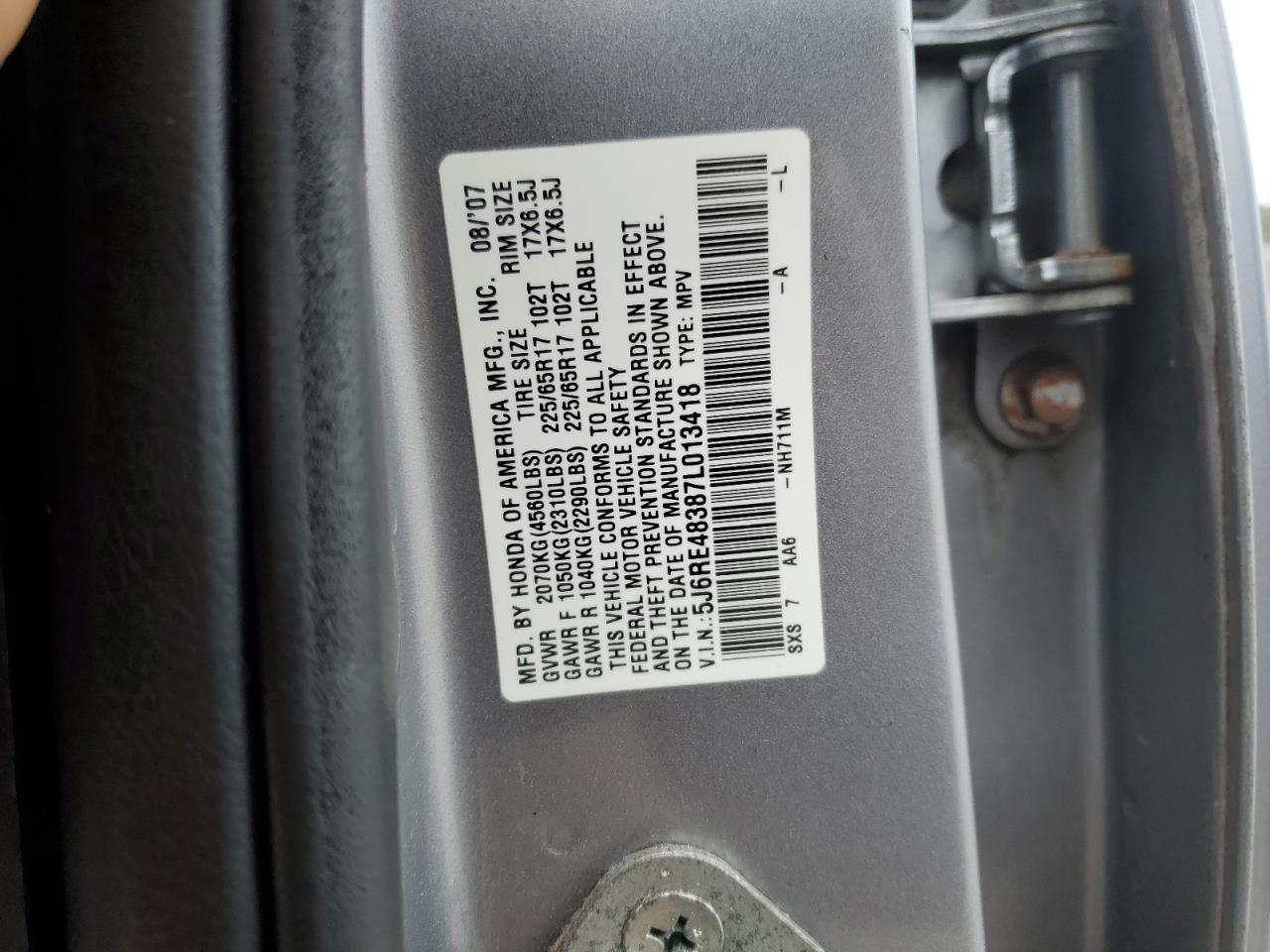 2007 Honda Cr-V Lx VIN: 5J6RE48387L013418 Lot: 81691345