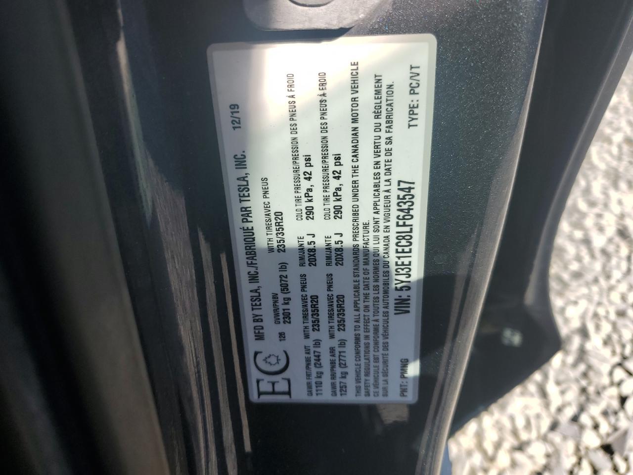 2020 Tesla Model 3 VIN: 5YJ3E1EC8LF643547 Lot: 81543455