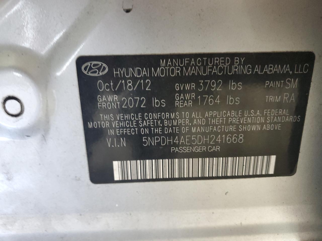 2013 Hyundai Elantra Gls VIN: 5NPDH4AE5DH241668 Lot: 80609145