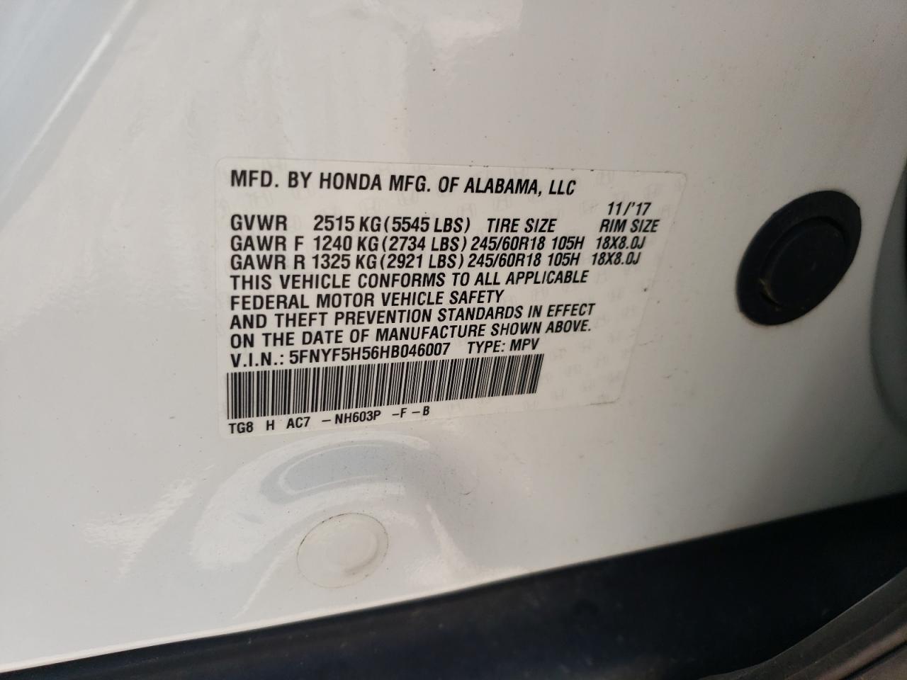 2017 Honda Pilot Exl VIN: 5FNYF5H56HB046007 Lot: 80891975