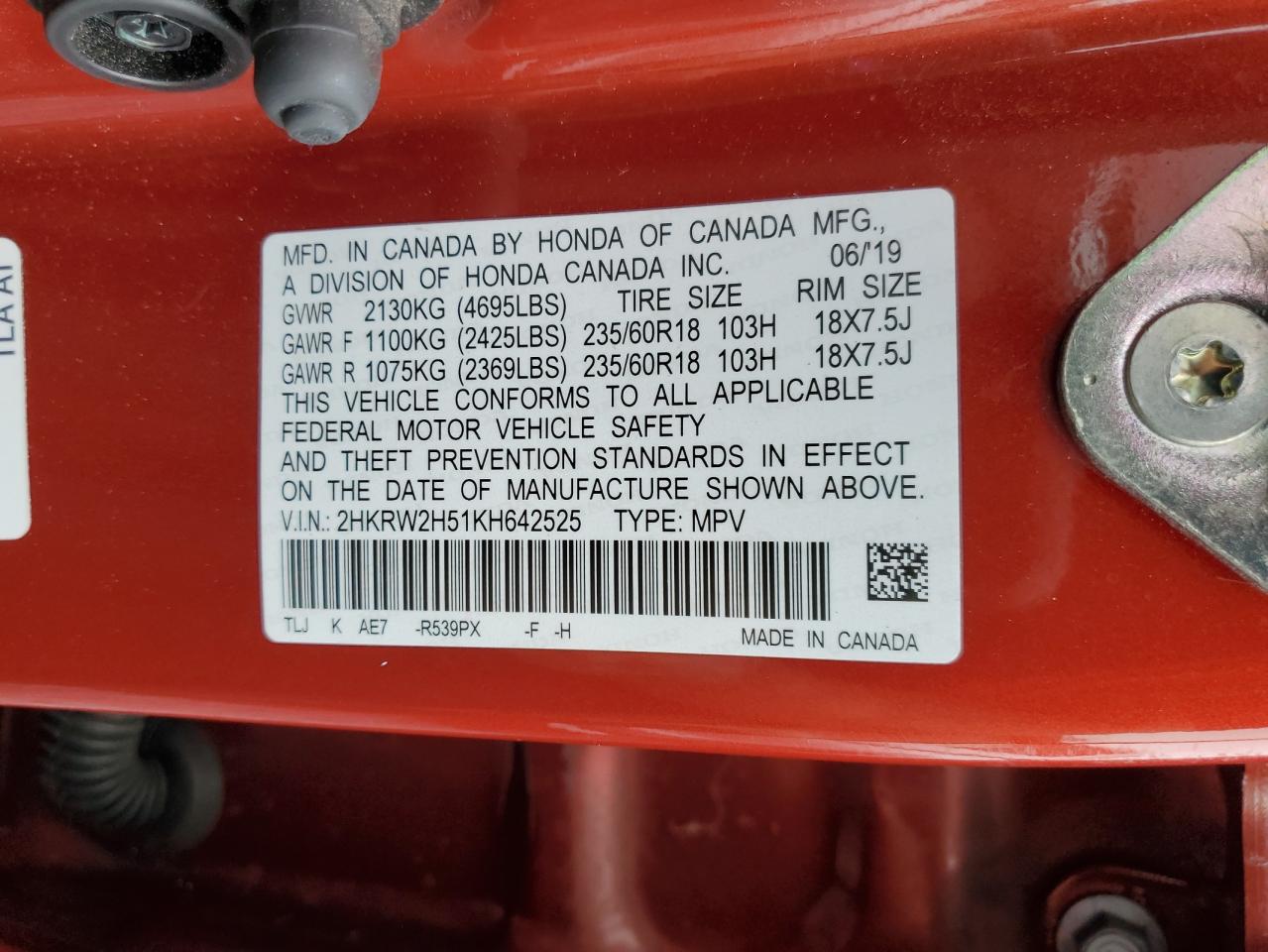 2019 Honda Cr-V Ex VIN: 2HKRW2H51KH642525 Lot: 81579885