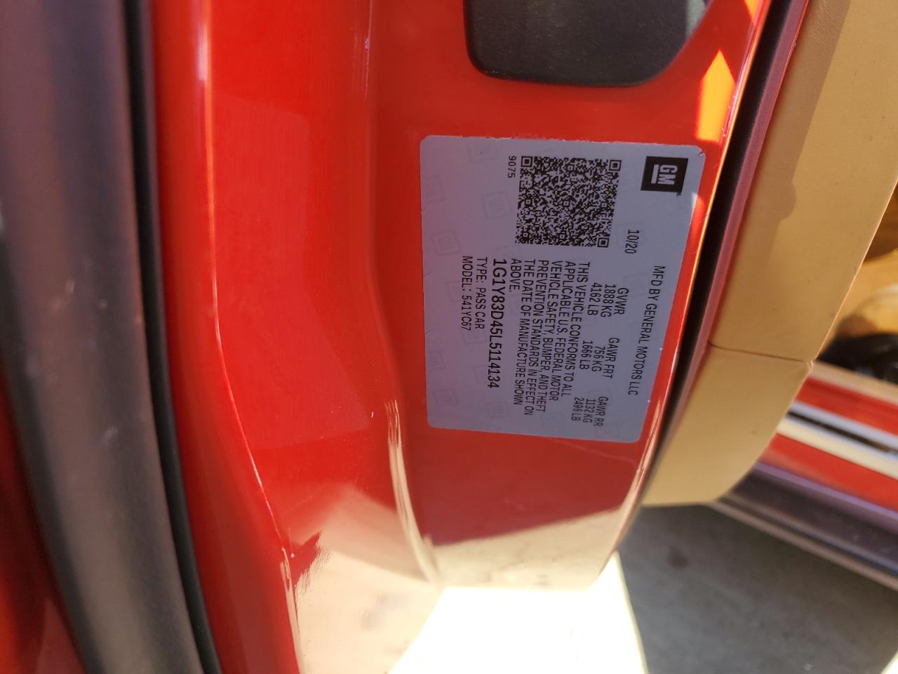 2020 Chevrolet Corvette Stingray 3Lt VIN: 1G1Y83D45L5114134 Lot: 84458235