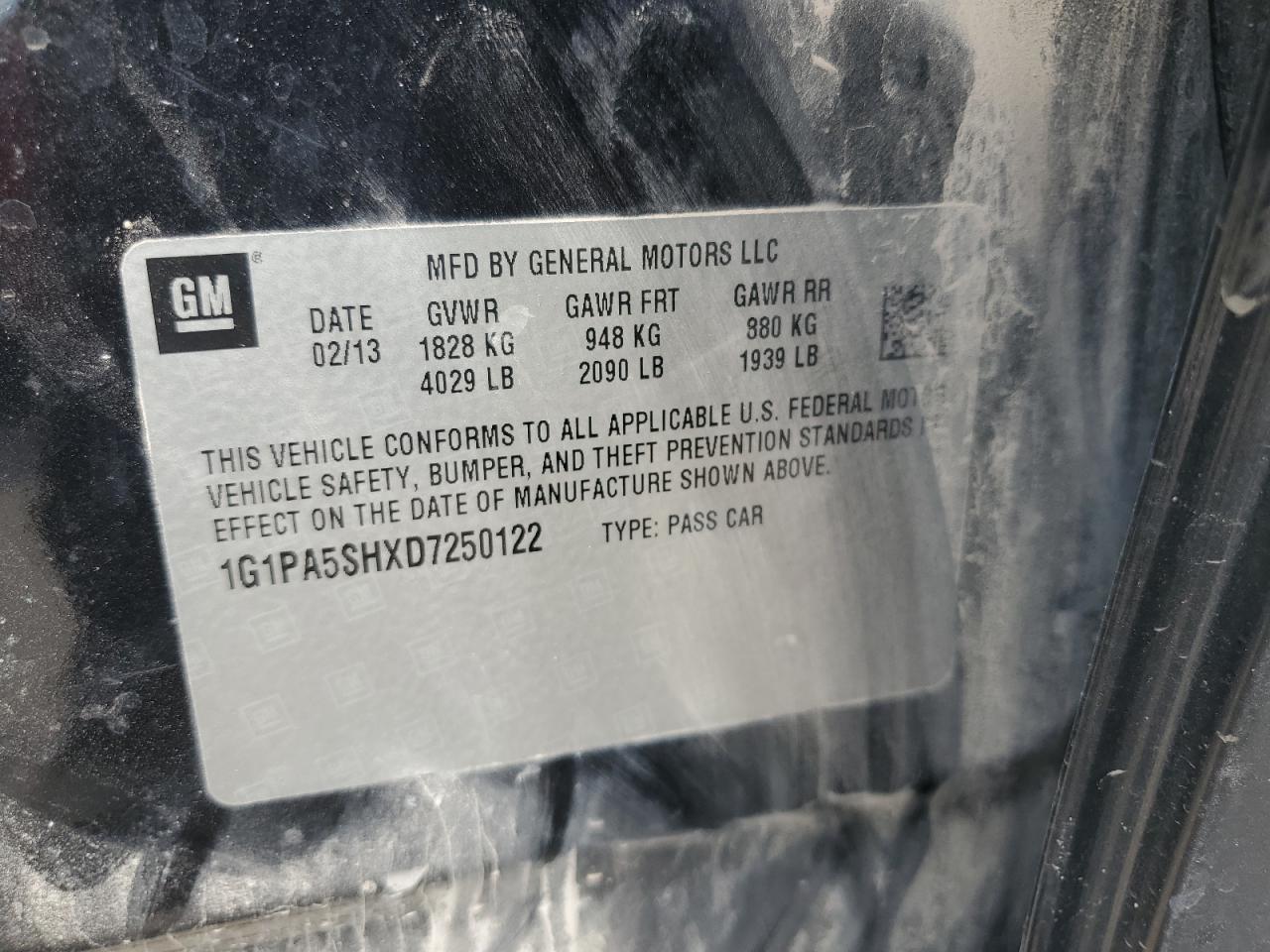2013 Chevrolet Cruze Ls VIN: 1G1PA5SHXD7250122 Lot: 80866665