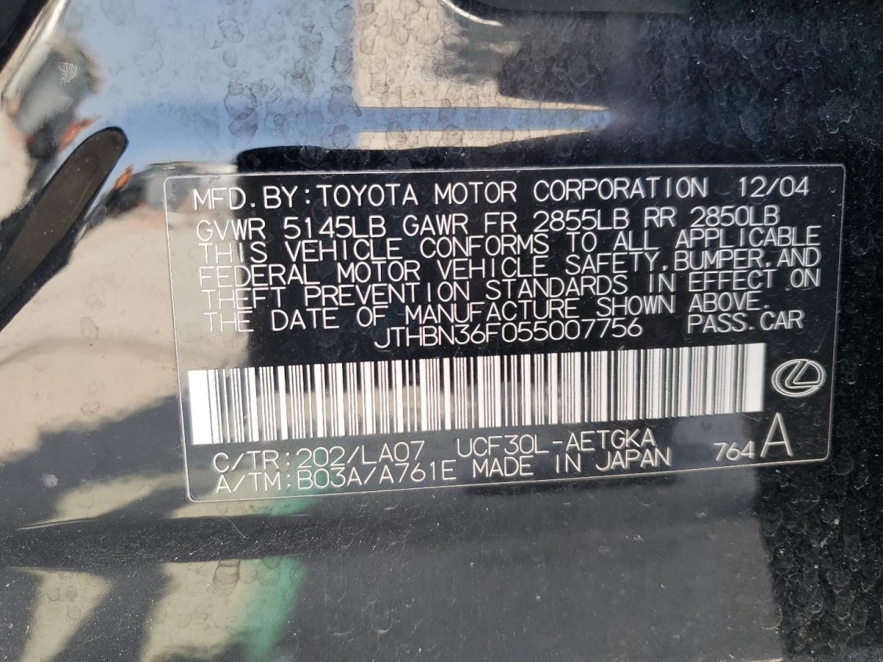 2005 Lexus Ls 430 VIN: JTHBN36F055007756 Lot: 80456595