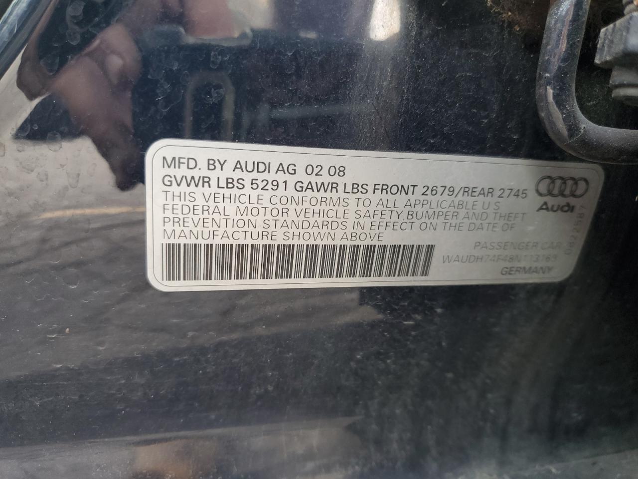 2008 Audi A6 3.2 Quattro VIN: WAUDH74F48N113169 Lot: 81593135