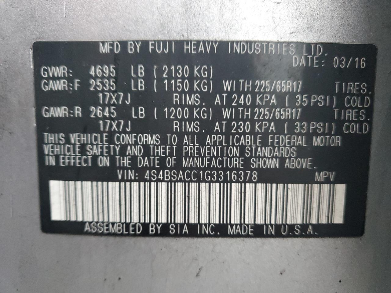 2016 Subaru Outback 2.5I Premium VIN: 4S4BSACC1G3316378 Lot: 82074115