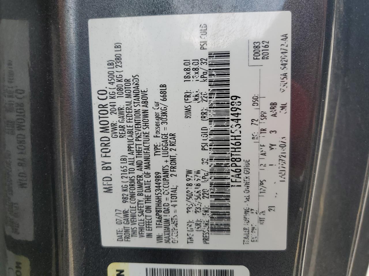 2017 Ford Mustang VIN: 1FA6P8TH6H5344989 Lot: 80140575