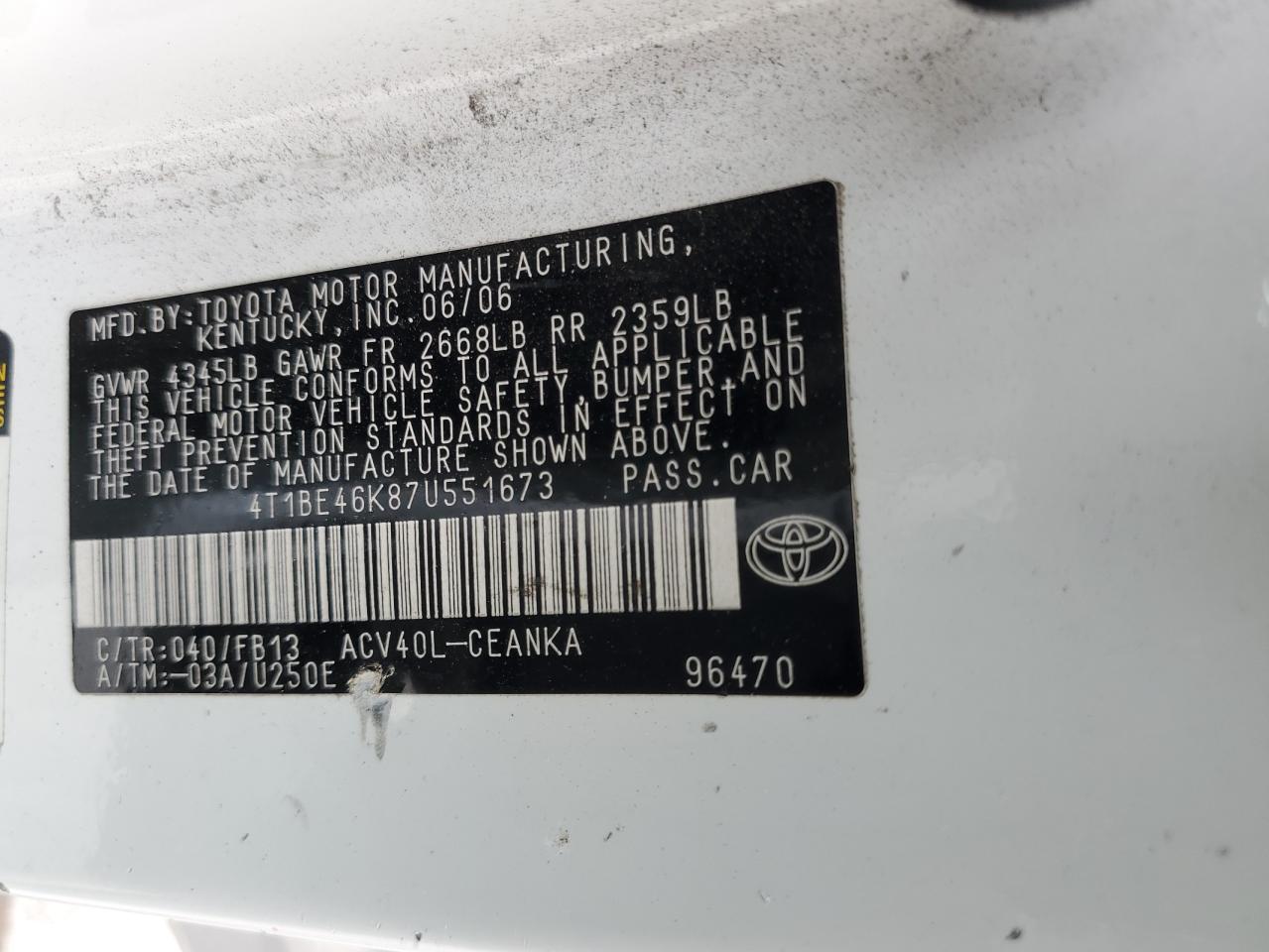 2007 Toyota Camry Ce VIN: 4T1BE46K87U551673 Lot: 81332315