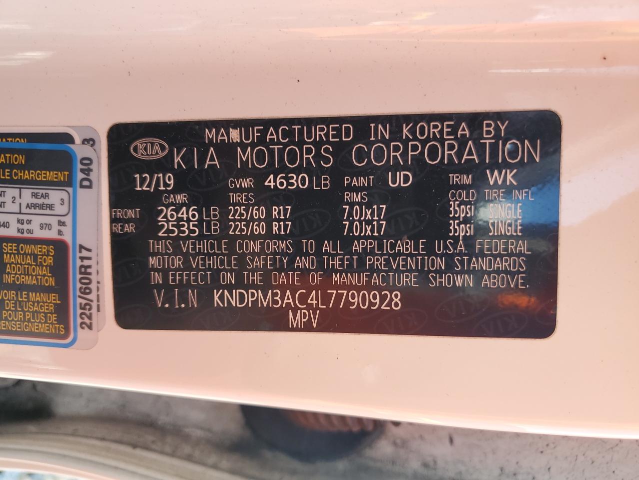 2020 Kia Sportage Lx VIN: KNDPM3AC4L7790928 Lot: 82064985