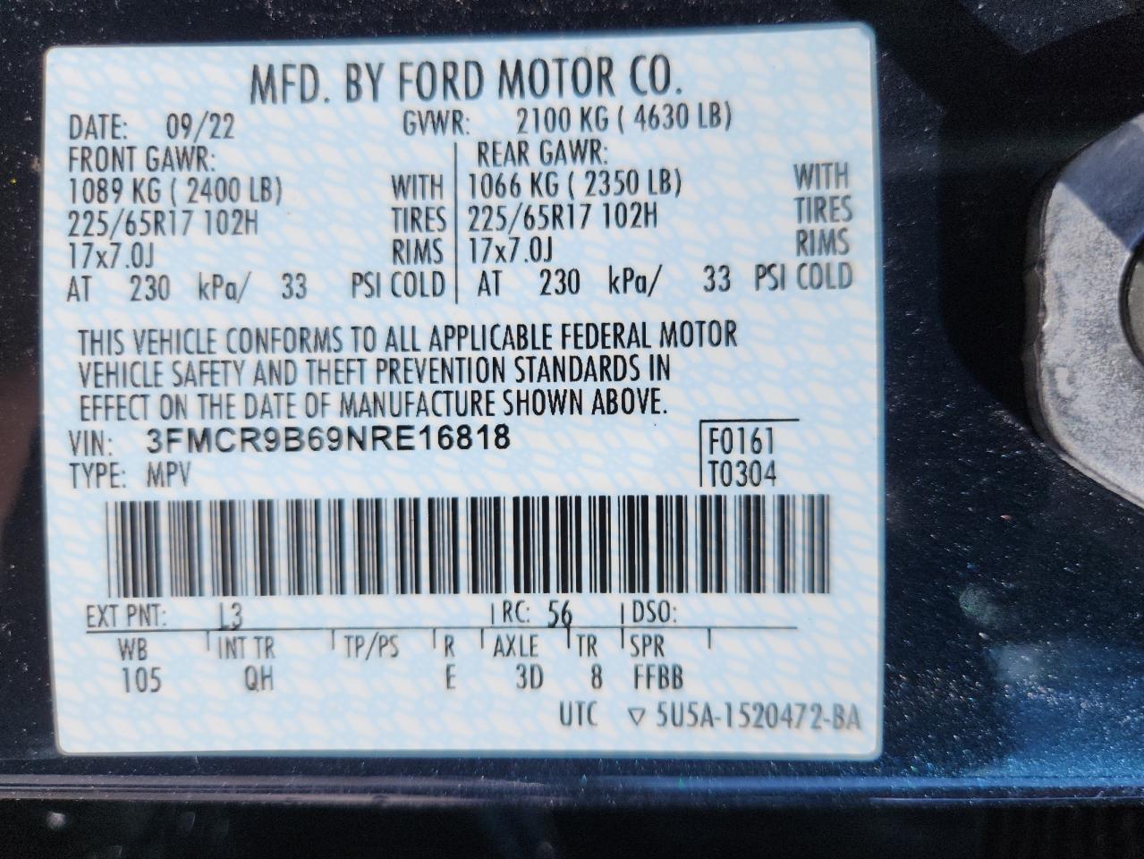 2022 Ford Bronco Sport Big Bend VIN: 3FMCR9B69NRE16818 Lot: 81114665