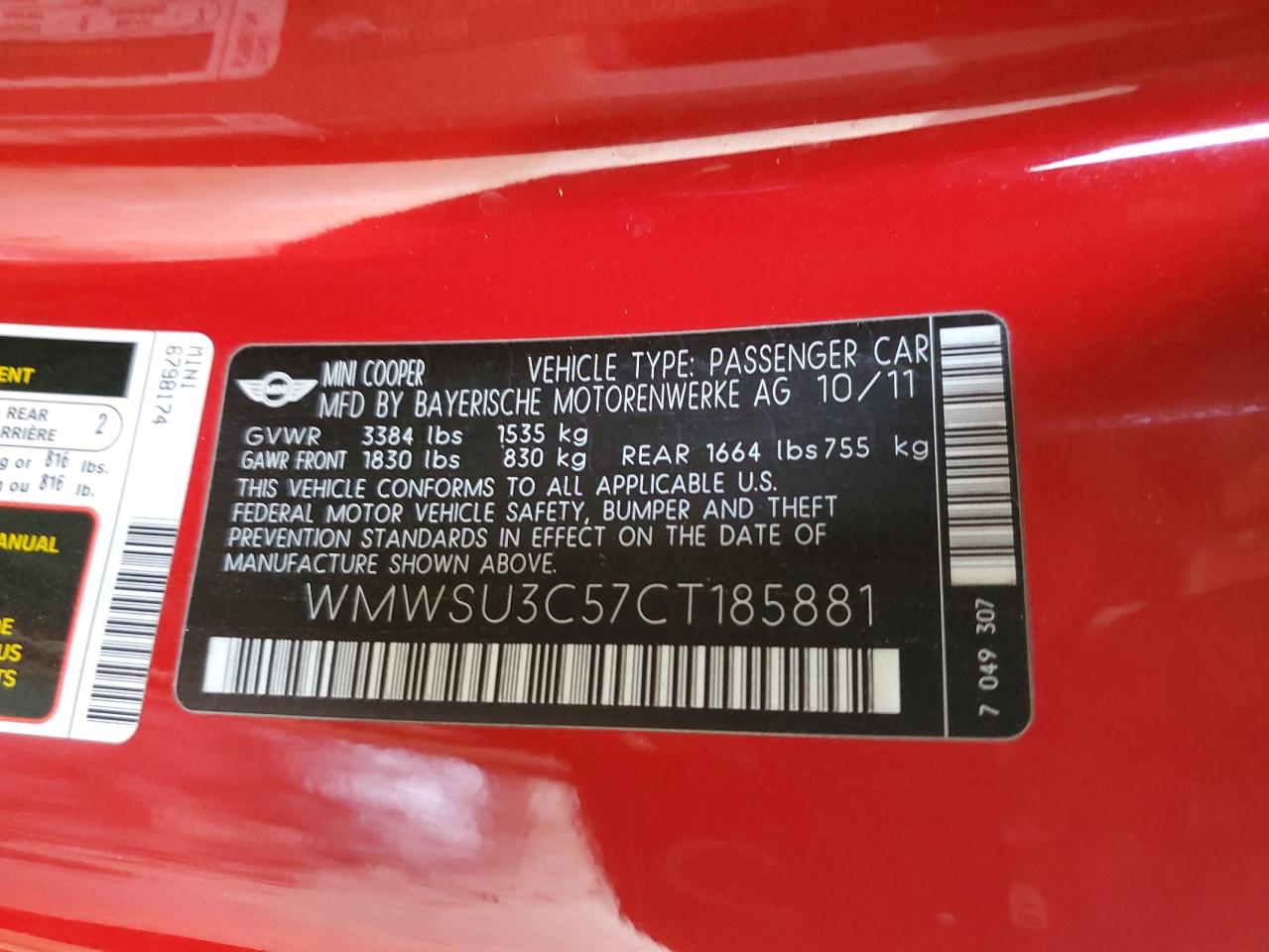 2012 Mini Cooper VIN: WMWSU3C57CT185881 Lot: 83754225