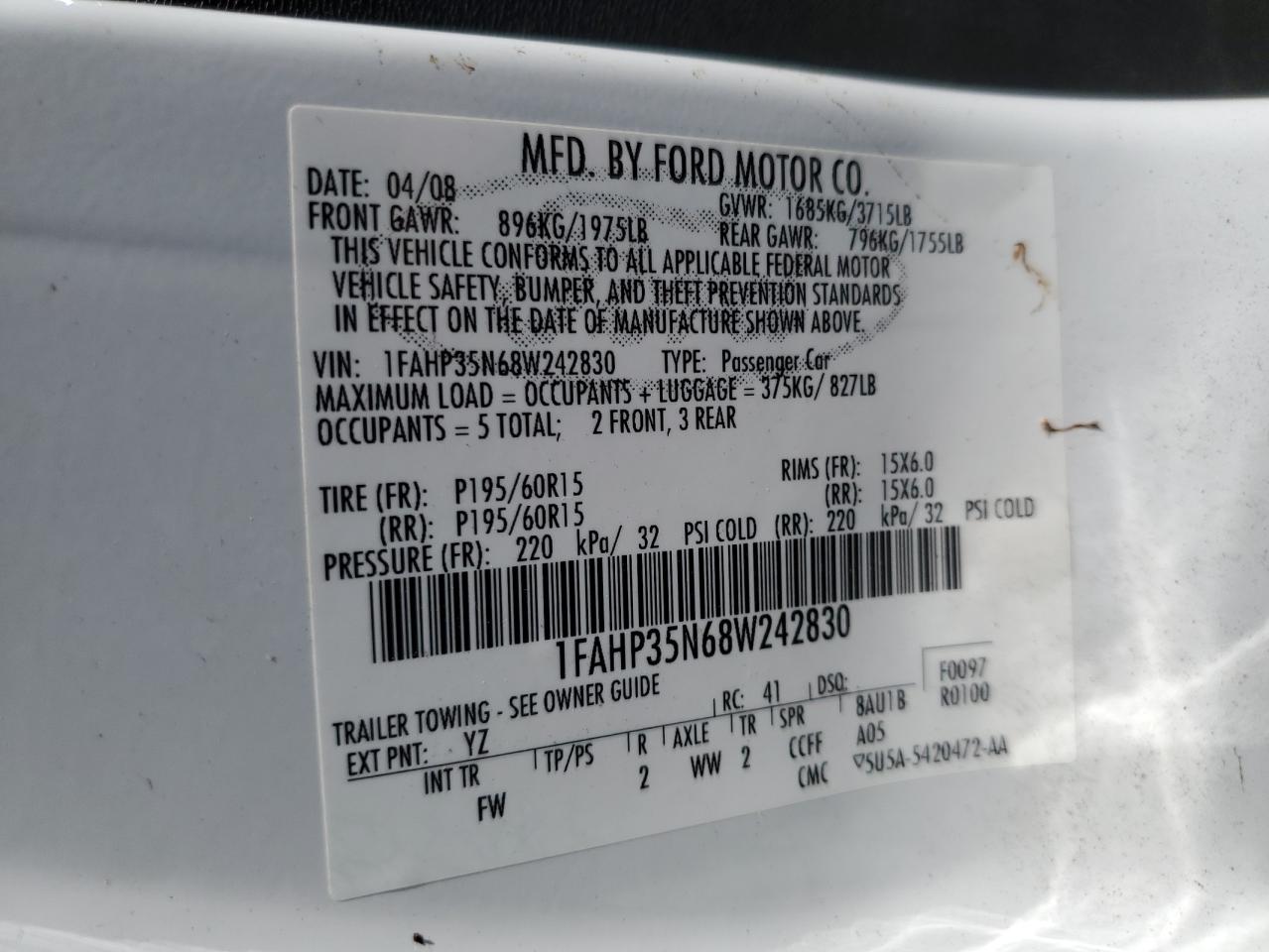 2008 Ford Focus Se VIN: 1FAHP35N68W242830 Lot: 80927515