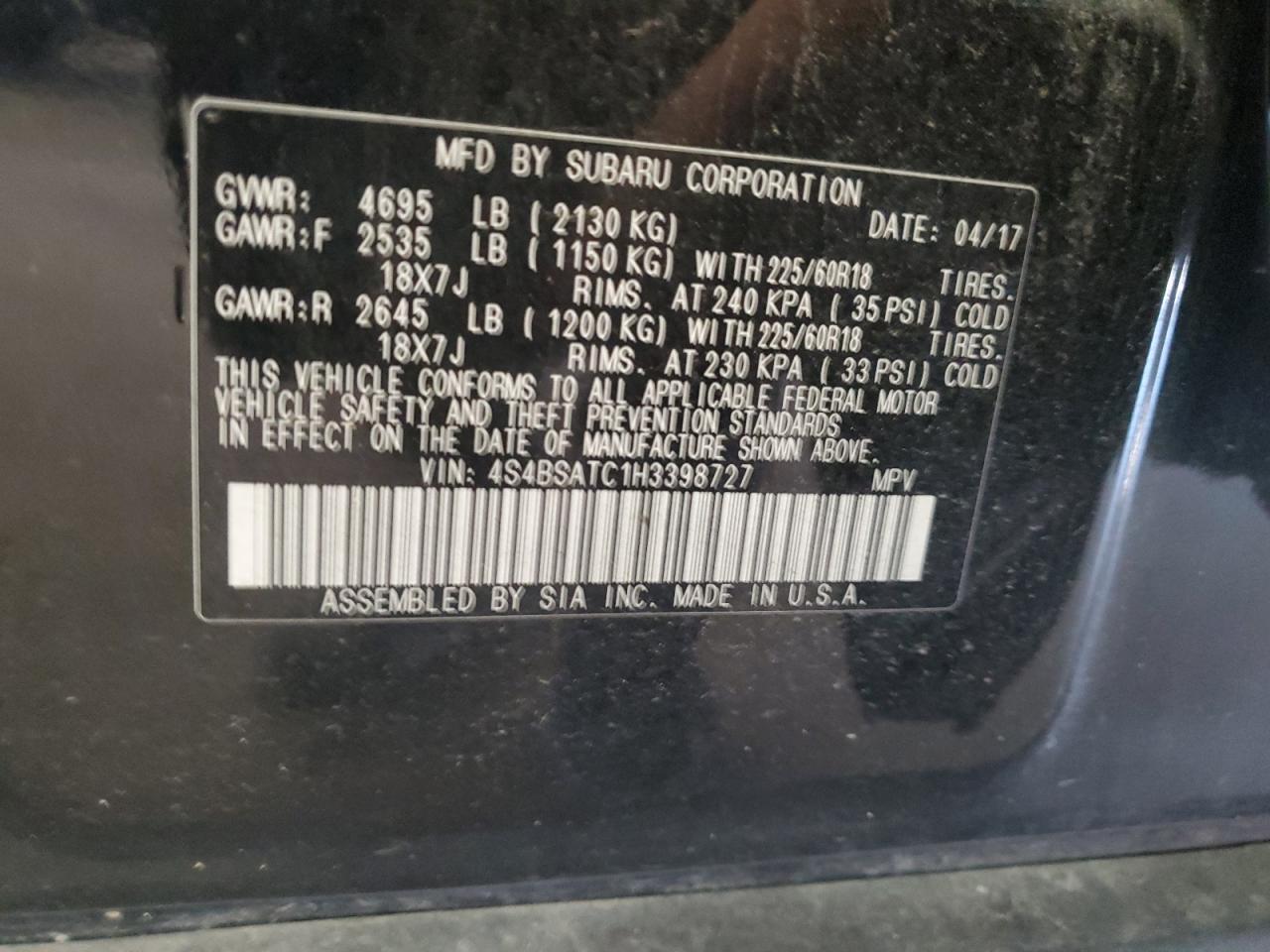 2017 Subaru Outback Touring VIN: 4S4BSATC1H3398727 Lot: 81058915