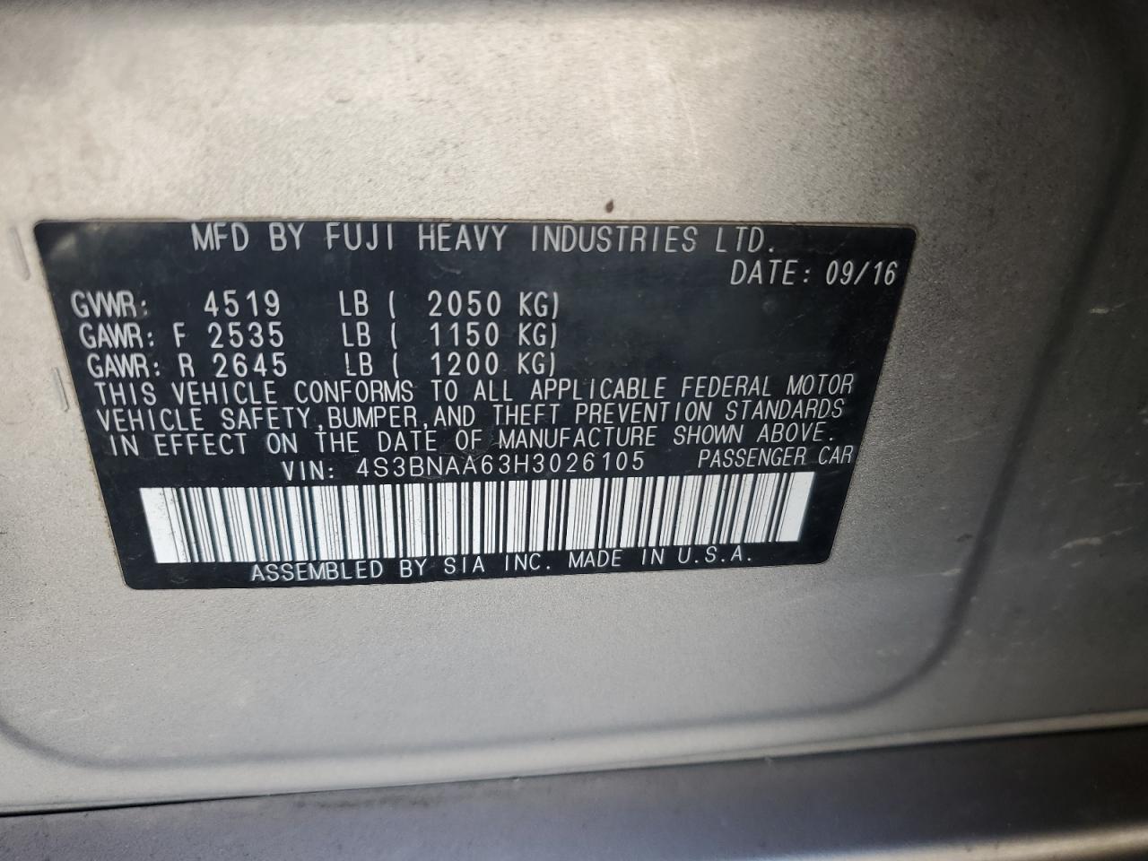 2017 Subaru Legacy 2.5I VIN: 4S3BNAA63H3026105 Lot: 71524695