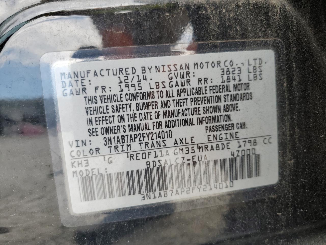 2015 Nissan Sentra S VIN: 3N1AB7AP2FY214010 Lot: 71085315