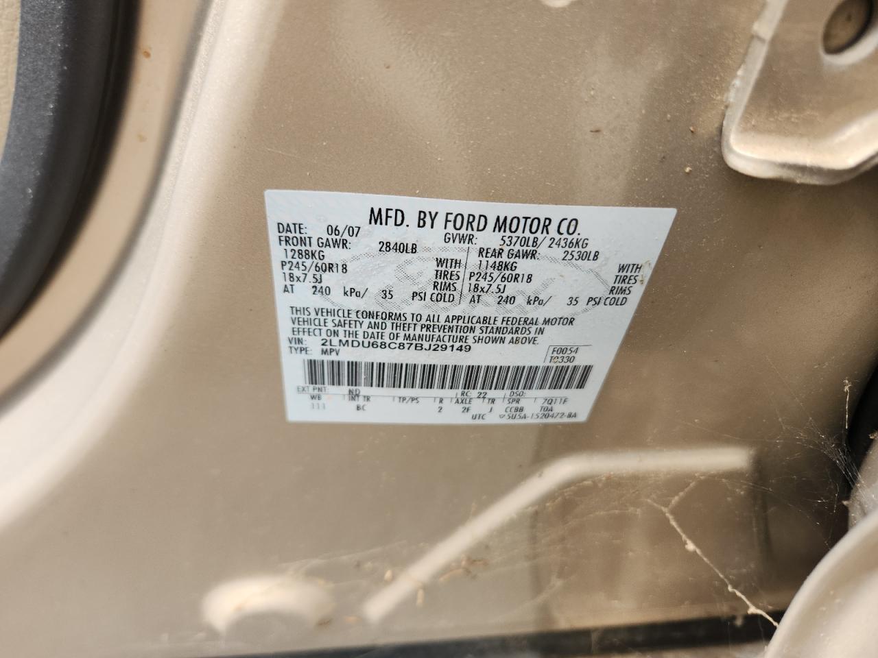 2007 Lincoln Mkx VIN: 2LMDU68C87BJ29149 Lot: 71504335