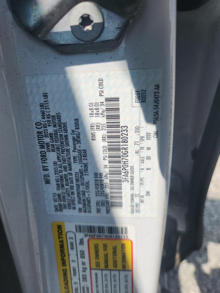 2016 Ford Fusion Se VIN: 3FA6P0H70GR180233 Lot: 71251625