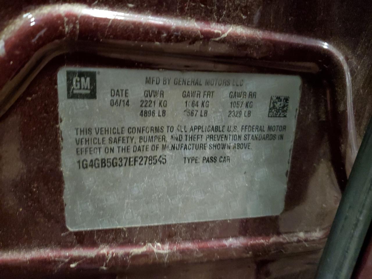 2014 Buick Lacrosse VIN: 1G4GB5G37EF278545 Lot: 80788485