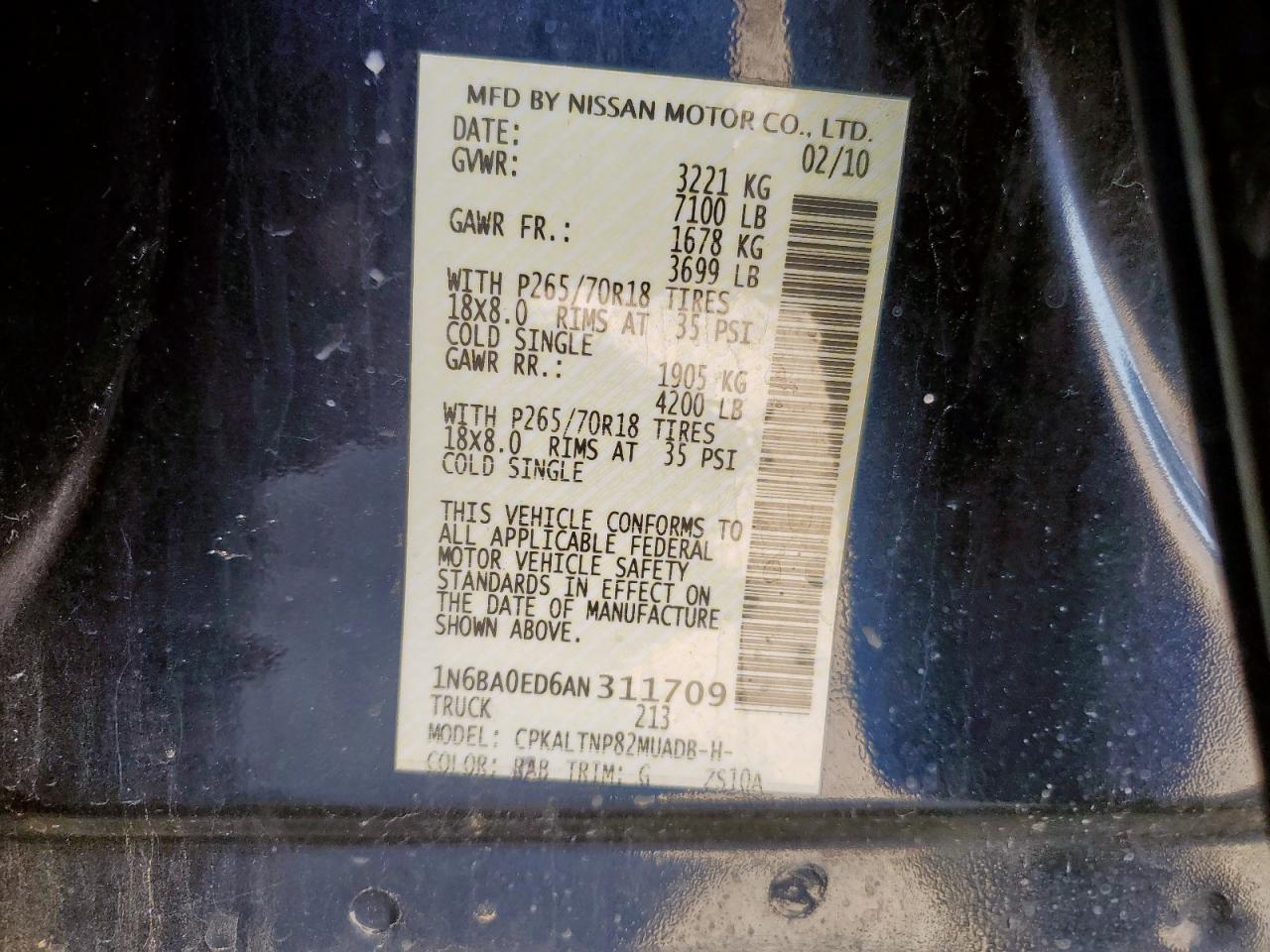 2010 Nissan Titan Xe VIN: 1N6BA0ED6AN311709 Lot: 94671595