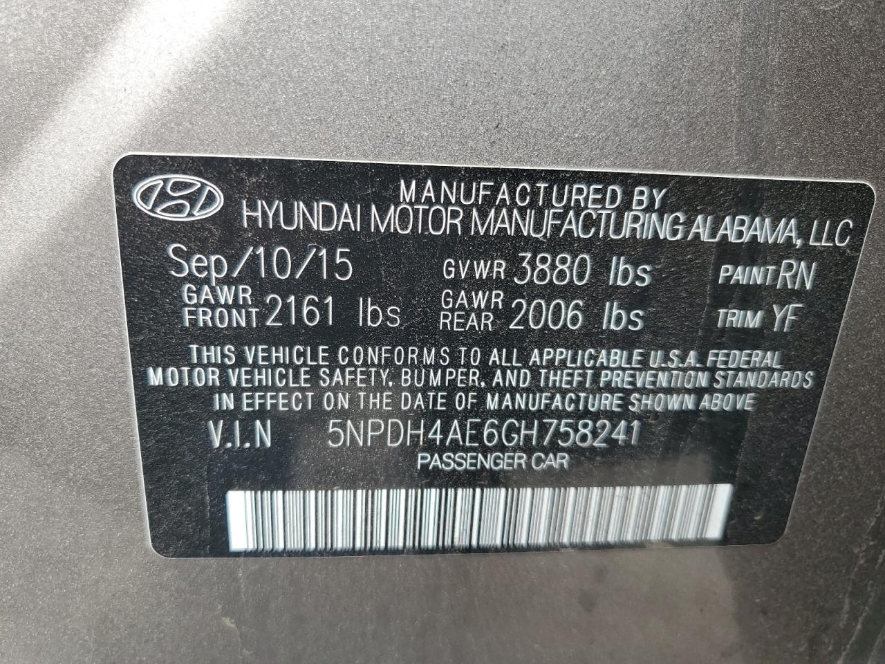 2016 Hyundai Elantra Se VIN: 5NPDH4AE6GH758241 Lot: 81653865