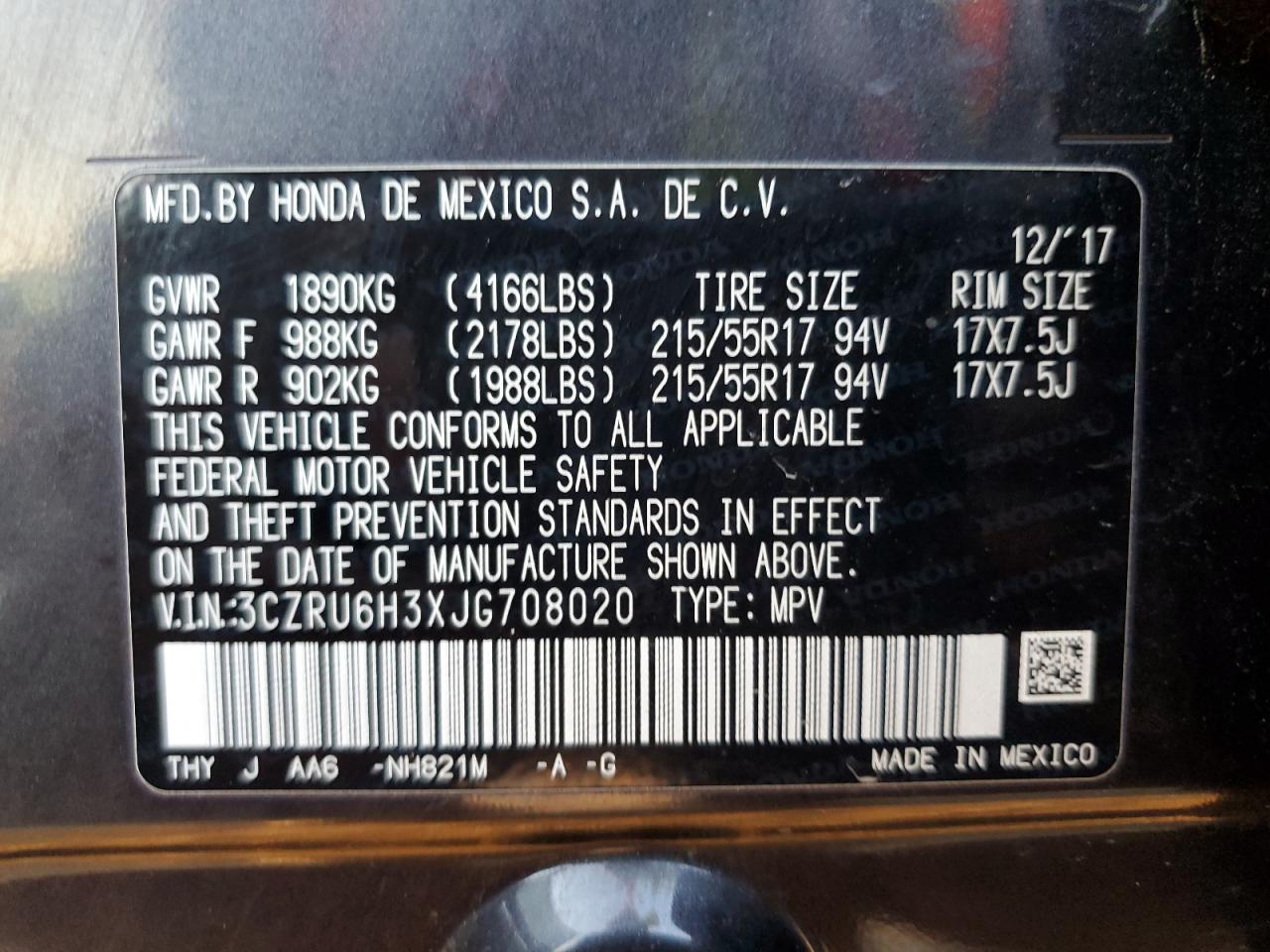 2018 Honda Hr-V Lx VIN: 3CZRU6H3XJG708020 Lot: 80756625