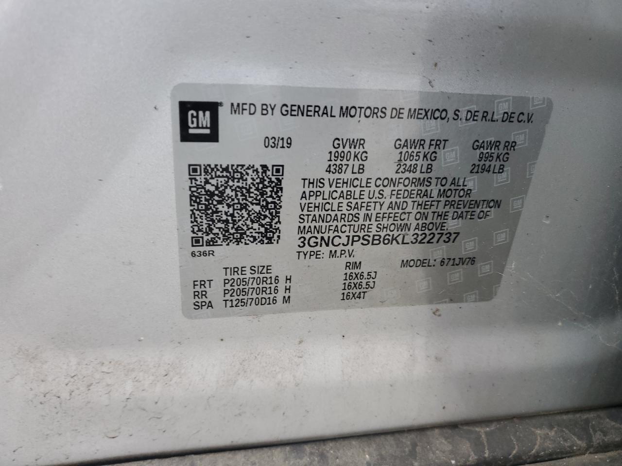 2019 Chevrolet Trax 1Lt VIN: 3GNCJPSB6KL322737 Lot: 83847095