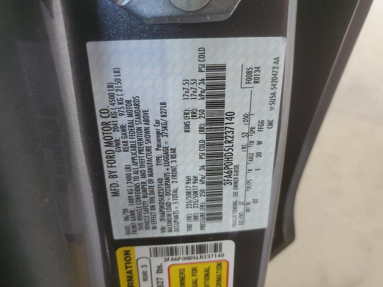 2020 Ford Fusion Se VIN: 3FA6P0HD5LR237140 Lot: 82144425