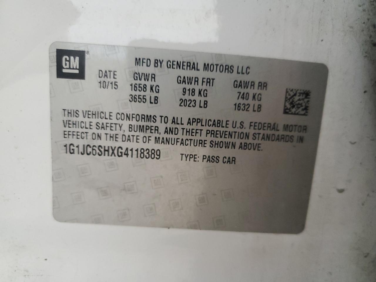 2016 Chevrolet Sonic Lt VIN: 1G1JC6SHXG4118389 Lot: 72016725