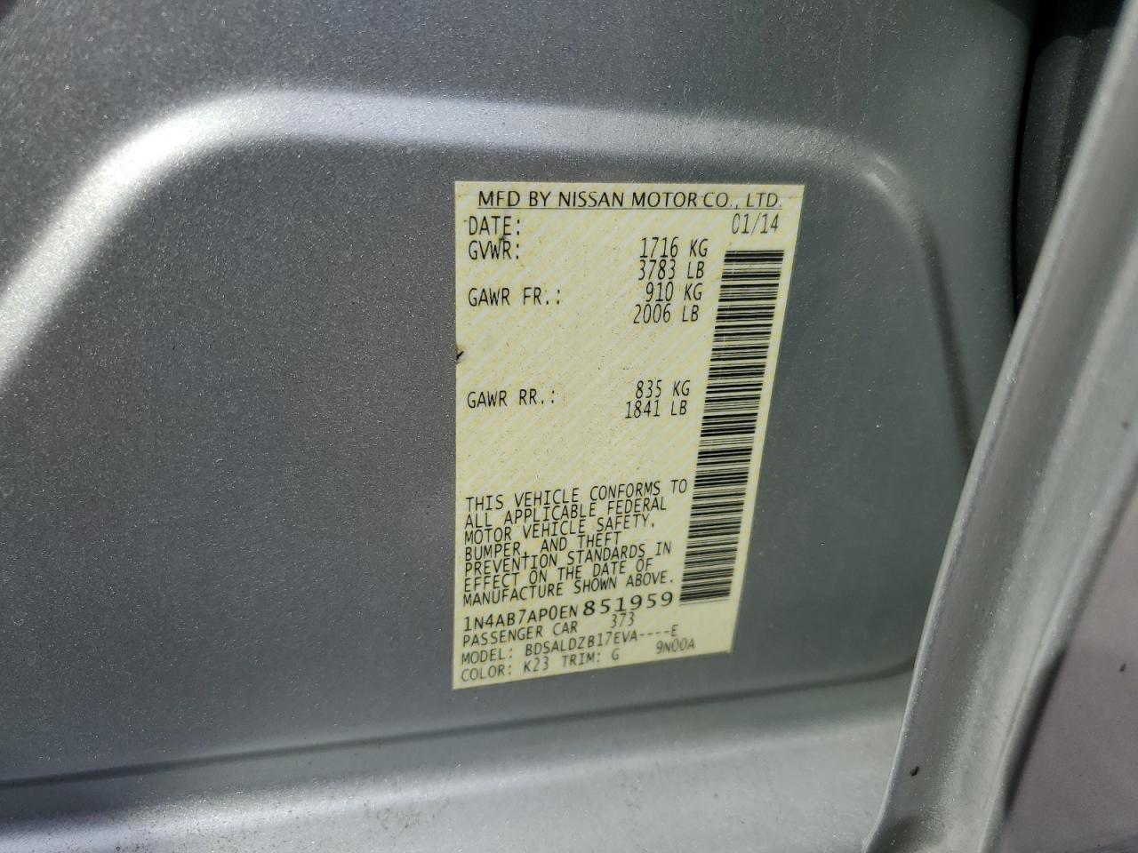 2014 Nissan Sentra S VIN: 1N4AB7AP0EN851959 Lot: 71482485