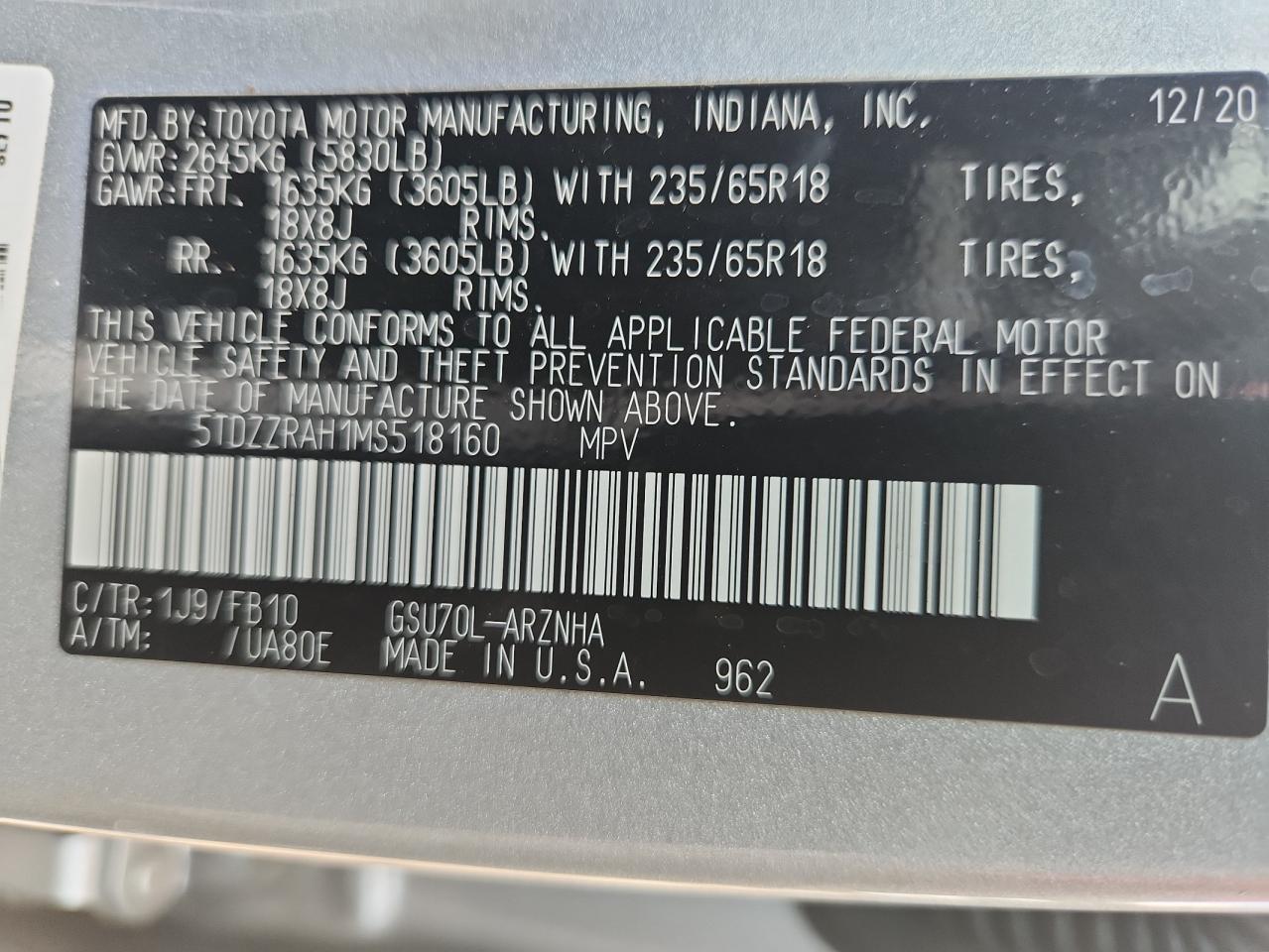 2021 Toyota Highlander L VIN: 5TDZZRAH1MS518160 Lot: 81569695